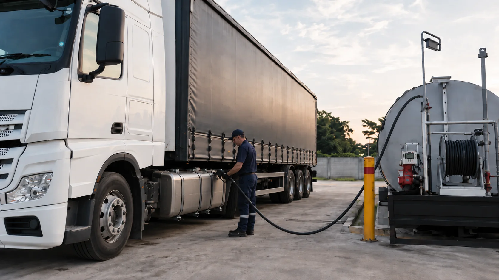 A technician working beside a heavy commercial vehicle